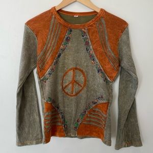 Vintage 90's Hippie Green Peace Sign Boho Long Sleeve